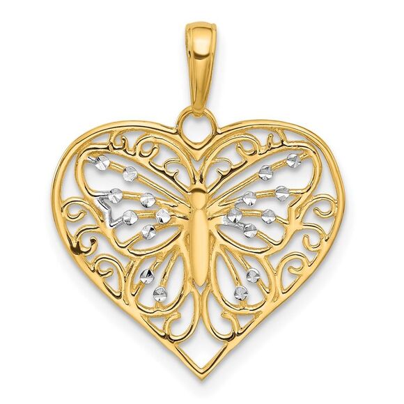 14k Yellow Gold & White Rhodium D/C Butterfly Heart Pendant